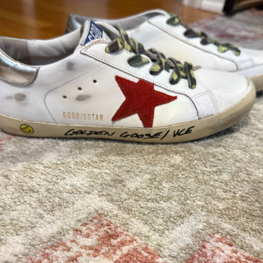 Authentic Golden Goose Sneakers with Red Star and Silver Accents